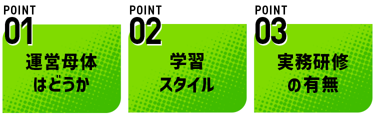 01：運営母体はどうか 02：学習スタイル 03：実務研修の有無